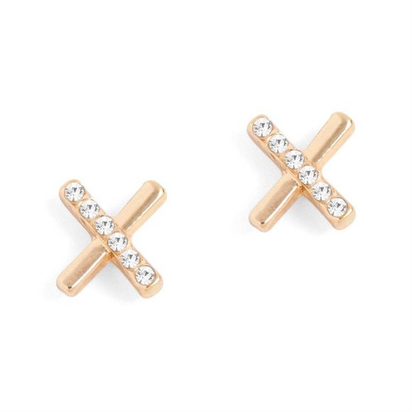 Gold Criss Cross with Stones Stud Earrings - Picture 1 of 2